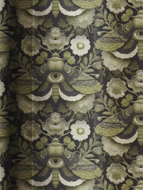 Blackout curtain panel featuring mystical moth pattern with all-seeing eyes, crescent moons, and botanical florals in olive green, cream, and charcoal colors on dark background. Heavyweight polyester fabric with rich satiny texture, rod pocket construction, gothic home decor, witchy aesthetic, occult symbolism, apothecary style window treatment for bedroom or living room